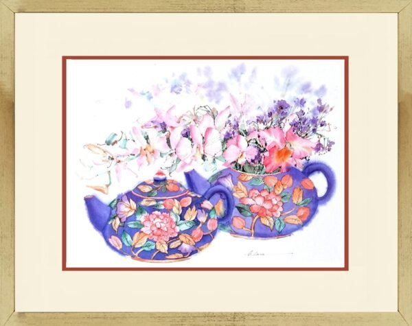 Peranakan Heritage Watercolour Painting of two blue Globular Tea Pots with Flowers by Clara Hung Mei Yee